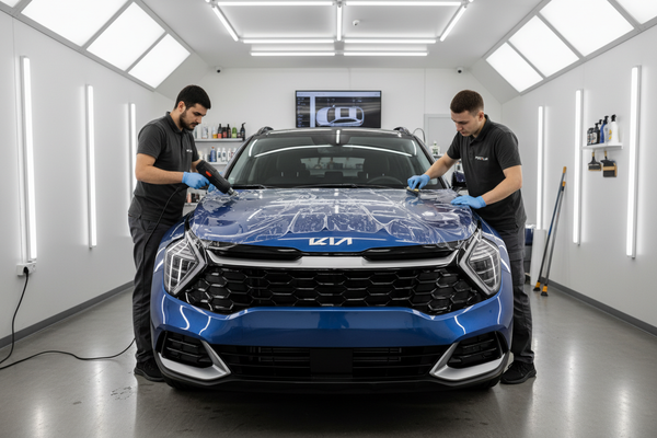 a car kia sportage 2025 model in cars detailing studio on car bonnet guyz apply ppf